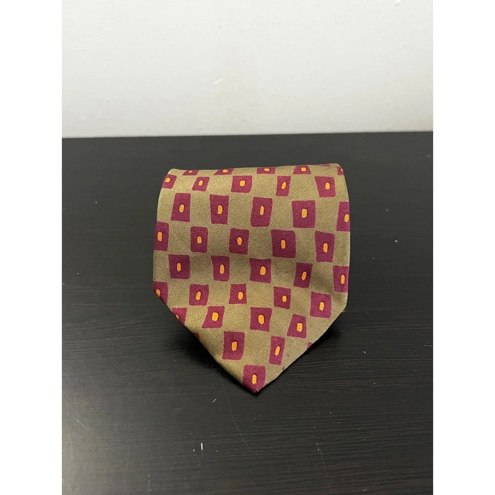 Ermenegildo Zegna Mens Silk Tie Olive Green Burgundy Geometric Made in Italy